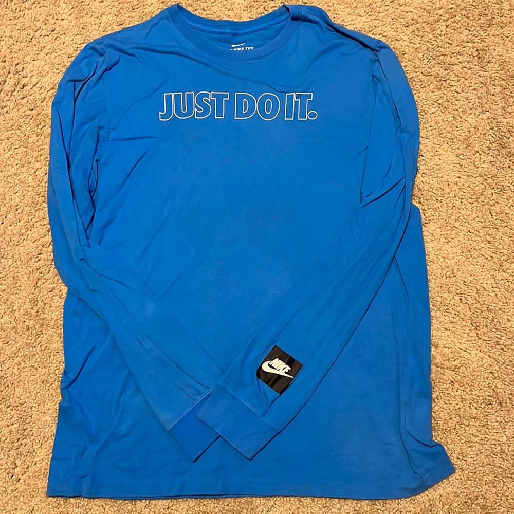 Big and Tall: Nike Blue Just Do It Outlines Long Sleeve Crew Neck T-Shirt